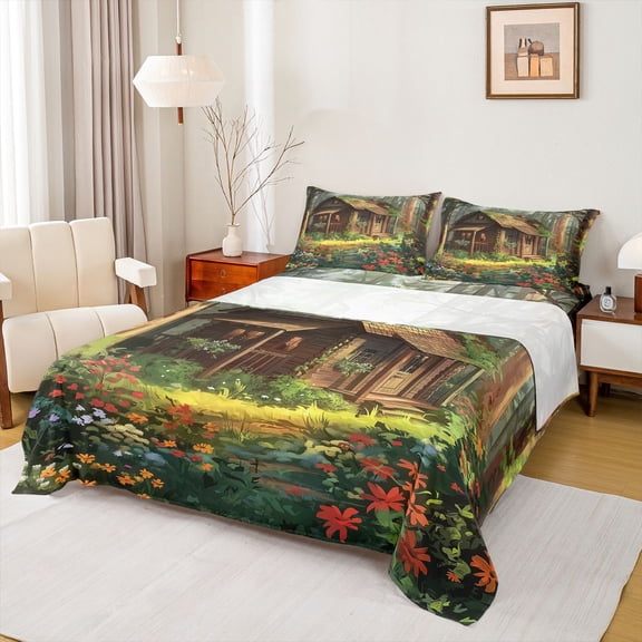 Manfei Rustic Cabin 4 Pieces Queen Sheet Sets for Teens Adults,Jungle Flowers Ultra Soft Flat Sheet,Green Brown Queen Fitted Sheet,Super Cozy Room Decor