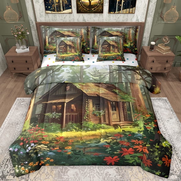 Manfei Rustic Cabin Bedding Comforter Set 7 Pieces for Teens Adults,Jungle Flowers Full Bedding Set Lightweight,Green Brown Fitted Sheet Flat Sheet,Super Cozy Room Decor,Reversible