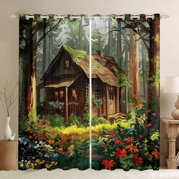 Manfei Rustic Cabin Black Out Curtains for Teens Adults,Jungle Flowers Curtains Pack of 2 (42x63 Each),Green Brown Bedroom Curtains,Super Cozy Room Decor