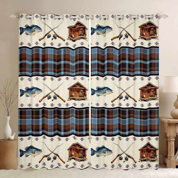 Manfei Rustic Cabin Blackout Curtains Set of 2 (52x84 Each), Fishing Plaid Curtain, Blue Cream