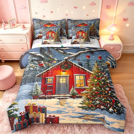 Manfei Rustic Cabin Lodge 7-Piece Twin Bedding,Traditional Christmas Tree Gift Bedding Comforter Set,Blue Gray,Christmas Reversible