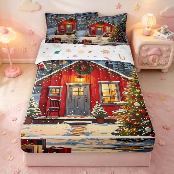 Manfei Rustic Cabin Lodge Zipper Twin Comforter Sets with Fitted Sheet and 2 Pillowcases,Traditional Christmas Tree Gift Zipper Bedding Set,Blue Gray,Christmas Reversible,4pcs
