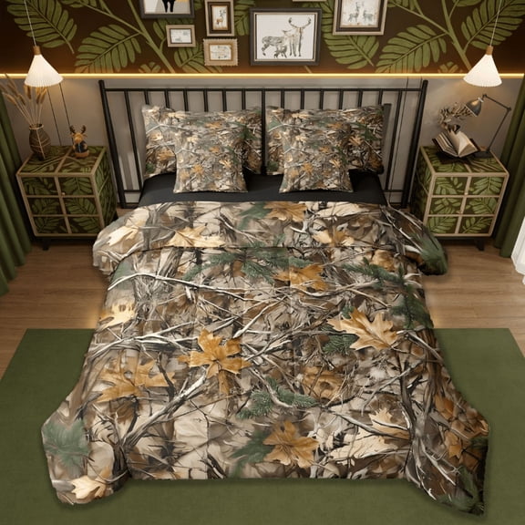 Manfei Rustic Camo 7-Piece Twin Bedding Sets,Farmhouse Cabin Lodge & Camping Tree Leaves Bedding Comforter Set Reversible
