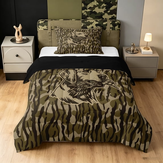 Manfei Rustic Camo Dog Twin Comforter Sets, Farmhouse Country Bedding Set, Dark Brown, Black Reversible, 2-Piece, 1 Comforter and 1 Pillowcase
