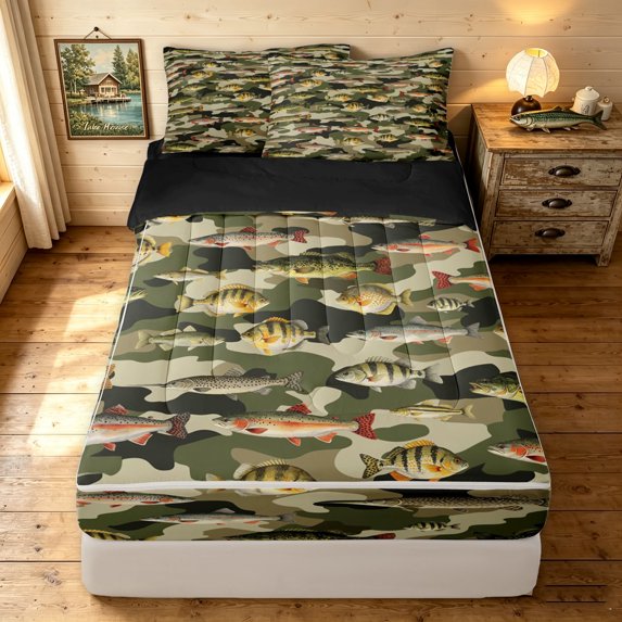 Manfei Rustic Camo Fish Zipper Full Size Comforter Sets with Fitted Sheet and 2 Pillowcases, Wildlife Zipper Bedding Set, Green, Black Reversible, 4 Pieces