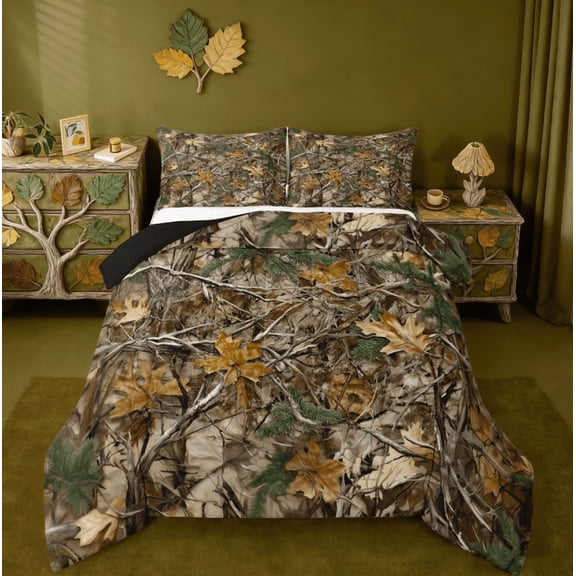 Manfei Rustic Camo Queen Comforter Set,Farmhouse Cabin Lodge & Camping Tree Leaves Bedding Comforter Set Reversible 3-Piece