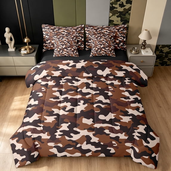 Manfei Rustic Camo Twin Bedding, Vintage Mosaic Bedding Comforter Set, Coyote Brown, Black Reversible, 7 Pieces