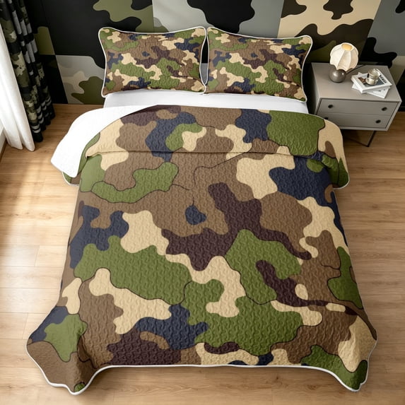Manfei Rustic Camouflage Bed Spread Queen, Vintage Camo Queen Coverlet Set, Coyote Brown, 3 Pieces, 1 Quilt and 2 Pillowcases