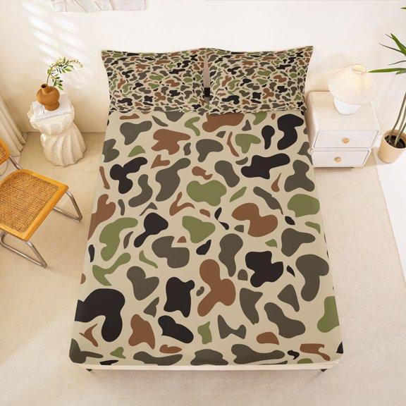 Manfei Rustic Camouflage Fitted Sheet Full, Contemporary Art Camo Bed Set, Desert Tan, 3pcs, 1 Fitted Sheet and 2 Pillowcases