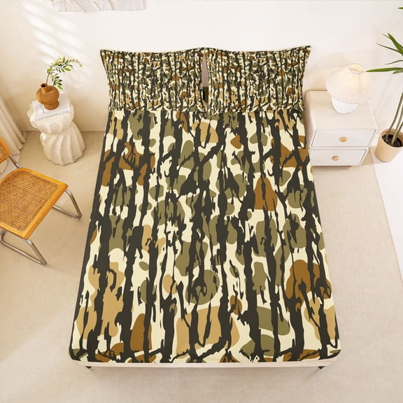 Manfei Rustic Camouflage Fitted Sheet Full, Vintage Camo Bed Set, Khaki, 3pcs, 1 Fitted Sheet and 2 Pillowcases