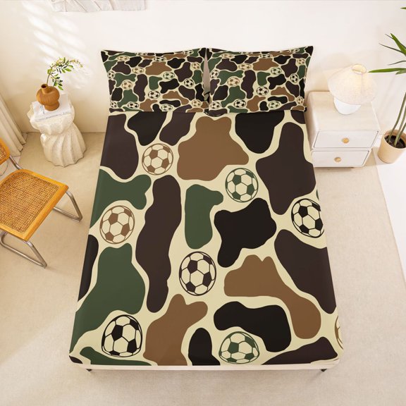 Manfei Rustic Camouflage Fitted Sheet Full, Vintage Camo Soccer Bed Set, Coyote Brown, 3pcs, 1 Fitted Sheet and 2 Pillowcases