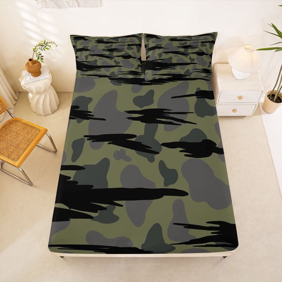 Manfei Rustic Camouflage Fitted Sheet Queen, Vintage Camo Bedding, Forest Green, 3pcs, 1 Fitted Sheet and 2 Pillowcases