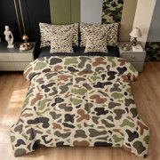 Manfei Rustic Camouflage Twin Bedding, Contemporary Art Camo Bedding Comforter Set, Desert Tan, Black Reversible, 7pcs