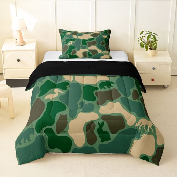 Manfei Rustic Camouflage Twin Comforter Sets,Green Plaid Print Bedding Set,Black Reversible,2 Pieces,1 Comforter and 1 Pillowcase