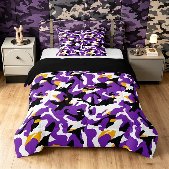 Manfei Rustic Camouflage Twin Comforter Sets, Mid Century Camo Bedding Set, Lavender, Black Reversible, 2pcs, 1 Comforter and 1 Pillowcase