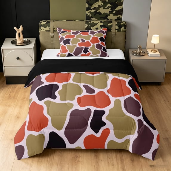 Manfei Rustic Camouflage Twin Comforter Sets, Old Fashion Camo Bedding Set, Orange Brown, Black Reversible, 2pcs, 1 Comforter and 1 Pillowcase