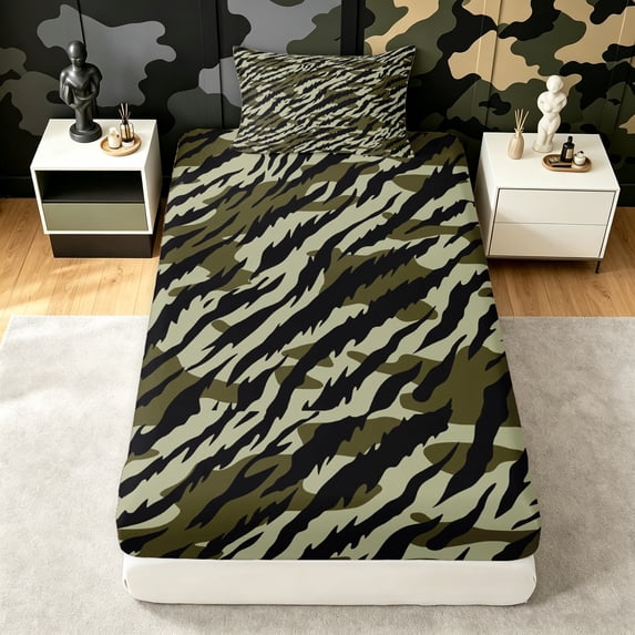 Manfei Rustic Camouflage Twin Fitted Sheet, Contemporary Art Camo Bedding, Olive Green, 2pcs, 1 Fitted Sheet and 1 Pillowcase