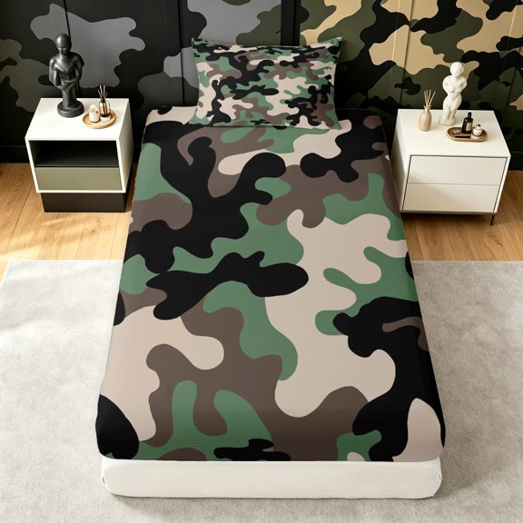 Manfei Rustic Camouflage Twin Fitted Sheet, Countryside Camo Bedding, Urban Gray, 2pcs, 1 Fitted Sheet and 1 Pillowcase