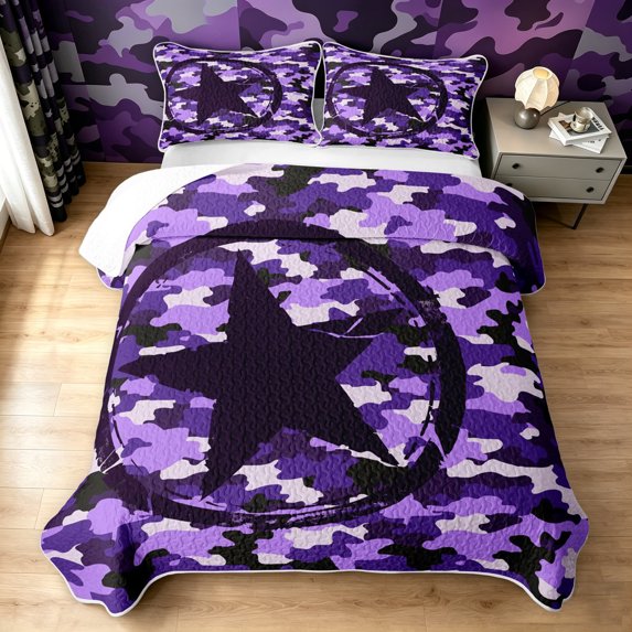 Manfei Rustic Camouflage Twin Quilt Set, Old Fashion Camo Twin Coverlet Set, Purple, 2pcs, 1 Bedspread and 1 Pillowcase