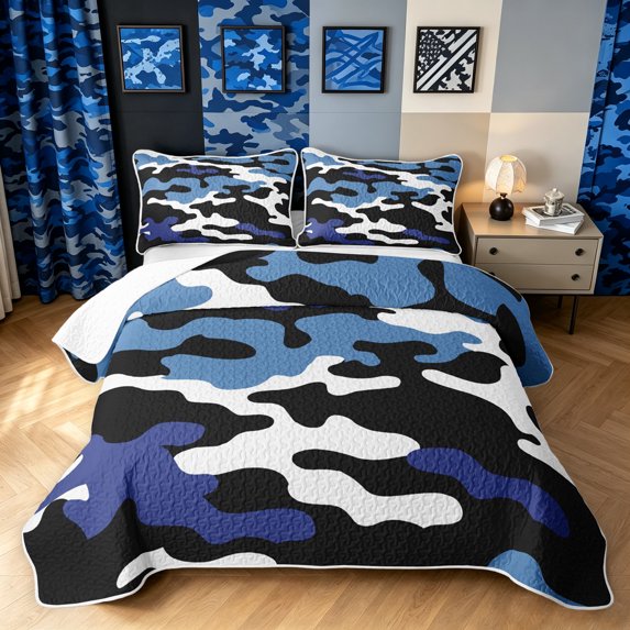 Manfei Rustic Camouflage Twin Quilt Set, Vintage Camo Twin Coverlet Set, Steel Blue, 2pcs, 1 Bedspread and 1 Pillowcase