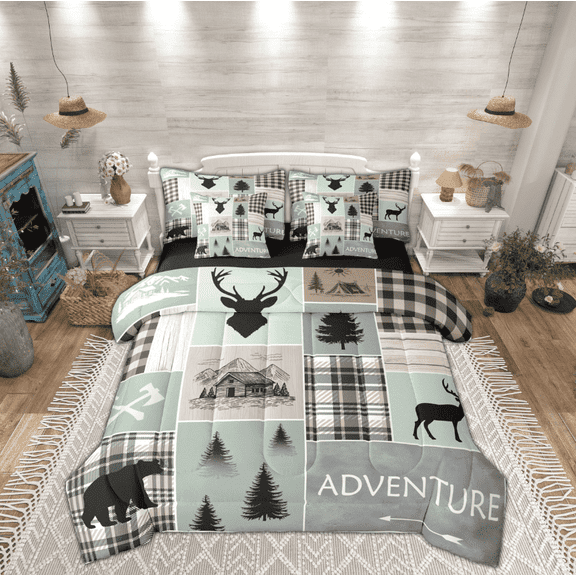Manfei Rustic Camping Bedding Comforter Set 7 Pieces for Kids, Bear Deer Animal Full Bedding Set, Farmhouse Patchwork Reversible Fitted Sheet Flat Sheet, Luxury Bedroom Decor