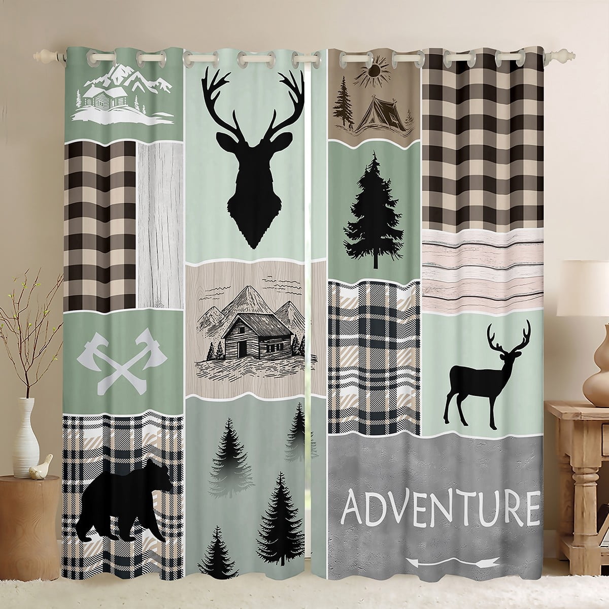 Manfei Rustic Camping Curtains Pack of 2 (42x84 Each) for Kids, Bear Deer Animal Curtains Blackout, Farmhouse Patchwork Bedroom Curtains, Black Out Curtains Decor