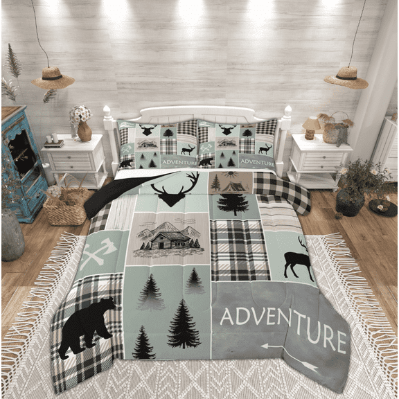 Manfei Rustic Camping Queen Comforter Set for Kids, Bear Deer Animal Bedding Sets, Farmhouse Patchwork Reversible Bedding Comforter Set, Luxury Bedroom Decor, 3 Pieces