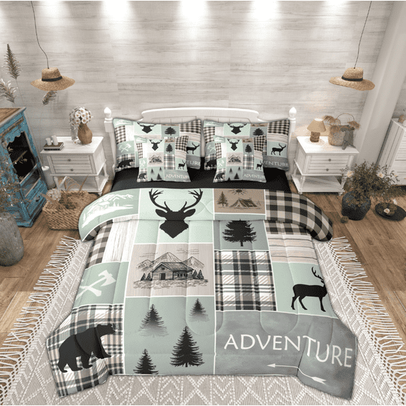 Manfei Rustic Camping Twin Bedding Sets 7-Piece for Kids, Bear Deer Animal Bedding Comforter Set, Farmhouse Patchwork Reversible Sheet Sets, Luxury Bedroom Decor