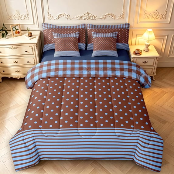 Manfei Rustic Check 7-Piece King Bedding,Minimalism Polka Dot King Bed in a Bag,Brown Blue,Navy Blue Reversible