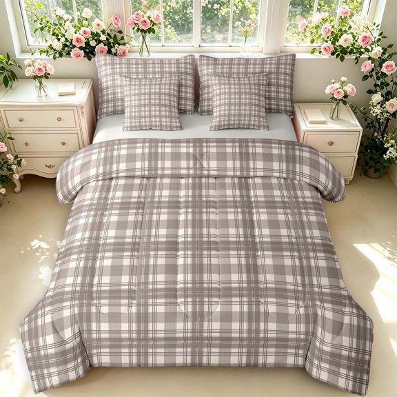 Manfei Rustic Check 7-Piece Twin Bedding,Vintage Plaid Bedding Comforter Set,Gray Brown,Light Gray Reversible