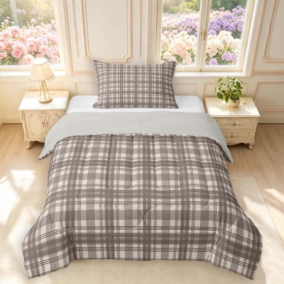 Manfei Rustic Check Twin Comforter Sets,Vintage Plaid Bedding Set,Gray Brown,Light Gray Reversible,2-Piece,1 Comforter and 1 Pillowcase,2-Piece,1 Comforter and 1 Pillowcase