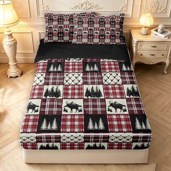 Manfei Rustic Check Zipper Twin Comforter Sets with Fitted Sheet and 2 Pillowcases,Earthy Forest Zipper Bedding Set,Beige Black Red,Black Reversible,4pcs