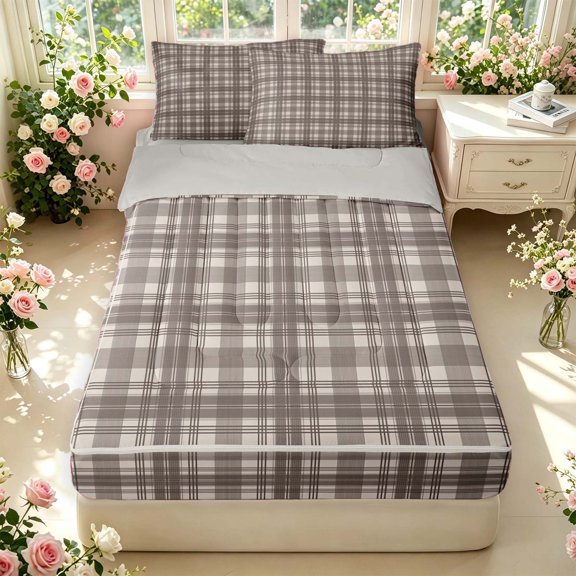 Manfei Rustic Check Zipper Twin Comforter Sets with Fitted Sheet and 2 Pillowcases,Vintage Plaid Zipper Bedding Set,Gray Brown,Light Gray Reversible,4pcs