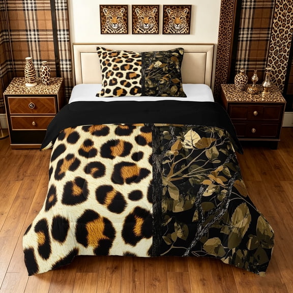 Manfei Rustic Cheetah Print Twin Comforter Sets, Branches Botanical Bedding Set, Coyote Brown, Black Reversible, 2 Pieces, 1 Comforter and 1 Pillowcase