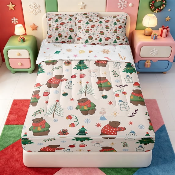 Manfei Rustic Christmas Animals Zipper Full Size Comforter Sets with Fitted Sheet and 2 Pillowcases,Winter Holiday Zipper Bedding Set,Xmas Reversible,4 Pieces