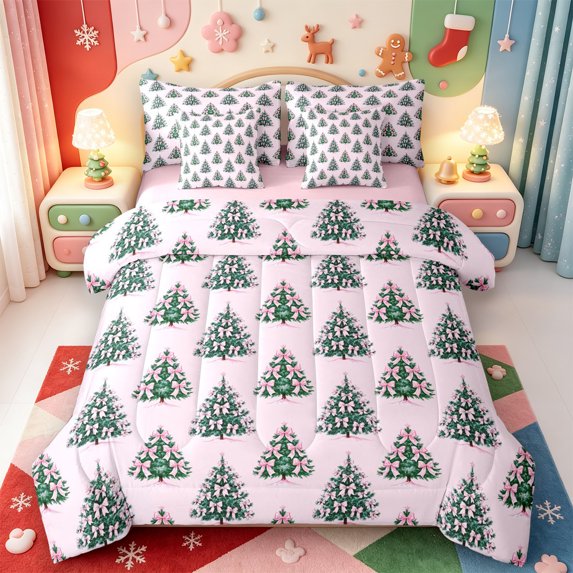 Manfei Rustic Christmas Candle 7pcs Queen Bedding,Winter Holiday Bedding Comforter Set Queen,Pink Reversible