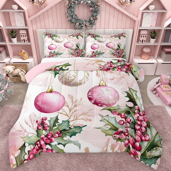 Manfei Rustic Christmas Flower Bedding Comforter Set,Xmas Ball Berry Twin Comforter Sets,Pink Green Bedding Set For Girls Kids,Ultra Soft Home Decor Reversible,2 Pieces