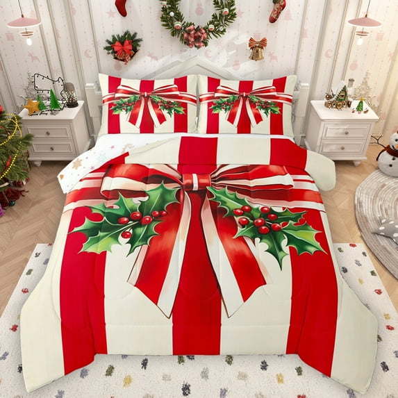 Manfei Rustic Christmas Flower Queen Comforter Set,Retro Bowtie Ribbon Bedding Sets,Happy New Year Bedding Comforter Set For Girls Teens,Ultra Soft Home Decor Reversible,3 Pieces