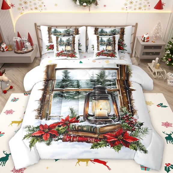 Manfei Rustic Christmas Flowers 7 Pieces Bedding Comforter Set,Hello Winter Full Bedding Set,Happy New Yaer Fitted Sheet Flat Sheet For Girls Boys,Super Cozy Room Decor Reversible