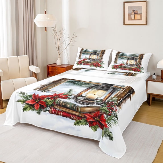 Manfei Rustic Christmas Flowers Twin Sheet Sets,Hello Winter Twin Fitted Sheet,Happy New Yaer Flat Sheet For Girls Boys,Super Cozy Room Decor,3 Pieces
