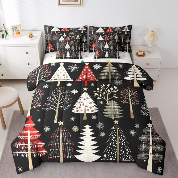 Manfei Rustic Christmas Tree Bedding Comforter Set 7-Piece, Christmas Snowflake King Bedding Sets, Western Winter Festival Reversible Bed Sheets, Luxury Bedroom Decor