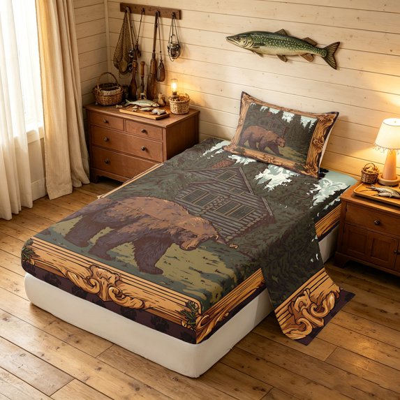 Manfei Rustic Cottage Bear Twin Sheets, Countryside Cabin Bedding, Dark Brown Orange, 3 Pieces, 1 Flat Sheet, 1 Fitted Sheet and 1 Pillowcase