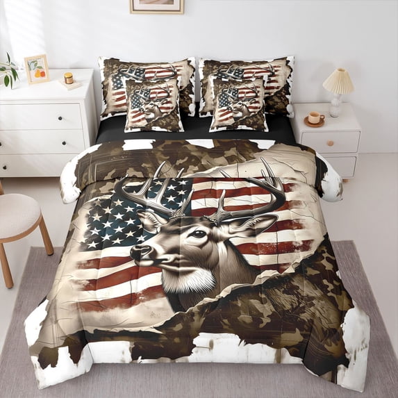 Manfei Rustic Country Deer 7pcs Queen Bedding,Wild Animal Bedding Comforter Set Queen,Red Blue White,Black Reversible