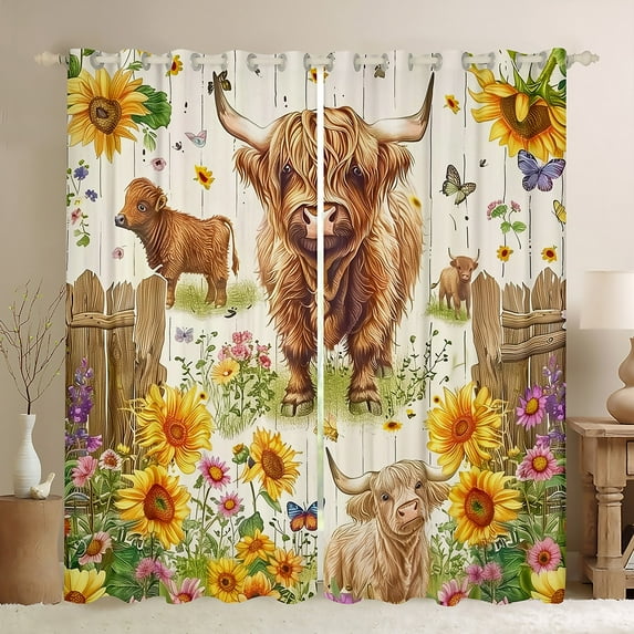 Manfei Rustic Cow Animal Blackout Curtains Set of 2 (52x84 Each) for Kids, Cute Highland Bull Window Curtains, Farmhouse Sunflower Curtains and Drapes, Curtains and Drapes Home Decor