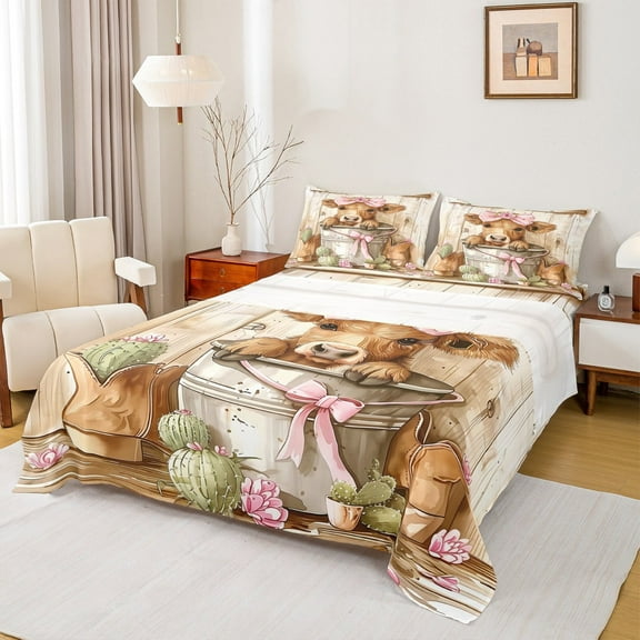 Manfei Rustic Cow Bed Sheets Set Twin Size, Kawaii Animal Bed Sheets Twin, Western Cactus Bedding Twin Size, Super Cozy Bedroom Decoration, 3 Pieces