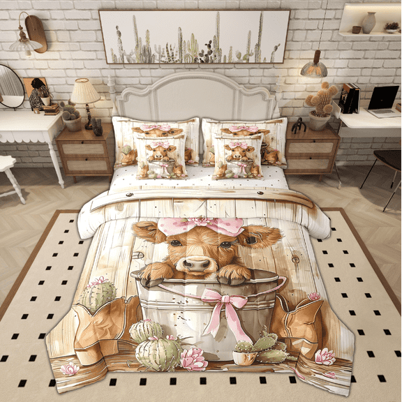 Manfei Rustic Cow Bedding Twin Size, Kawaii Animal Bedding Sets Twin Size, Western Cactus Reversible Comforter Sets with Sheets, Super Cozy Bedroom Decoration, 7 Pieces