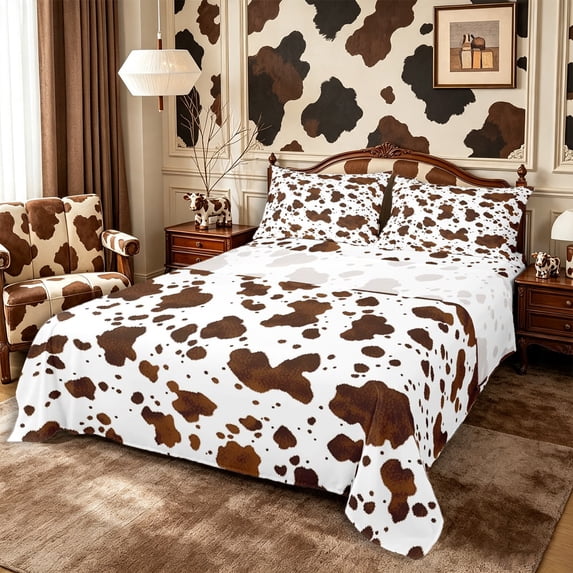 Manfei Rustic Cow Print Bed Sheets 4-Piece,Rustic Farm Animal Full Size Sheets,Chocolate Brown,1 Flat Sheet,1 Fitted Sheet and 2 Pillowcases