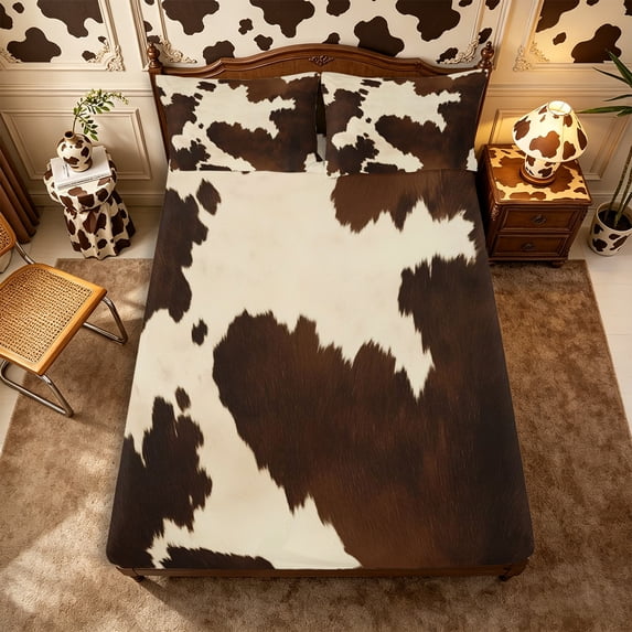 Manfei Rustic Cow Print Fitted Sheet Queen 3-Piece,Rustic Farm Animal Bedding,Cream Brown,1 Fitted Sheet and 2 Pillowcases