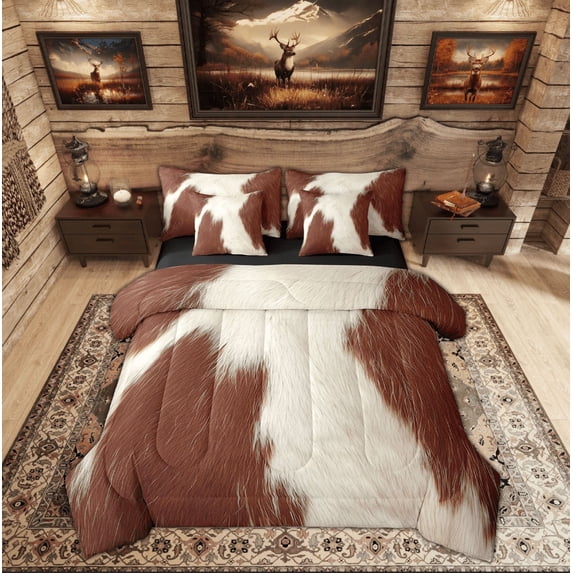 Feelyou Rustic Cow Print Twin Bedding Sets 7-Piece, Farmhouse Animal Bedding Comforter Set, Southwestern Sheet Sets, Microfiber Room Decorative