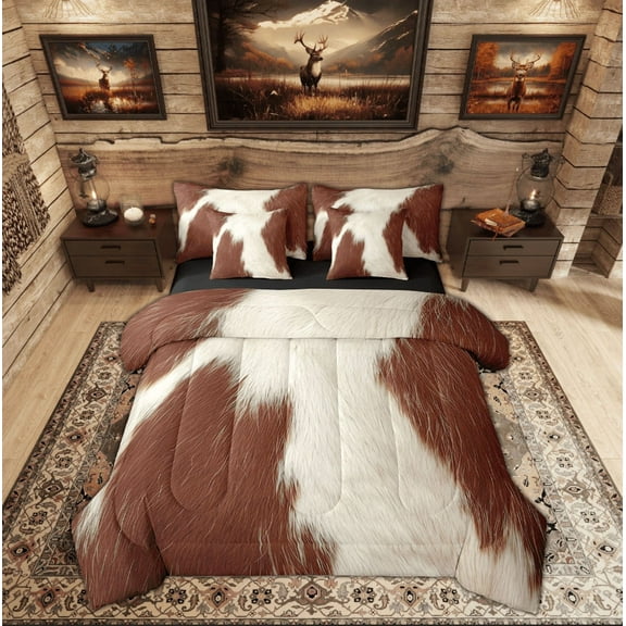 Feelyou Rustic Cow Print Twin Bedding Sets 7-Piece, Farmhouse Animal Bedding Comforter Set, Southwestern Sheet Sets, Microfiber Room Decorative